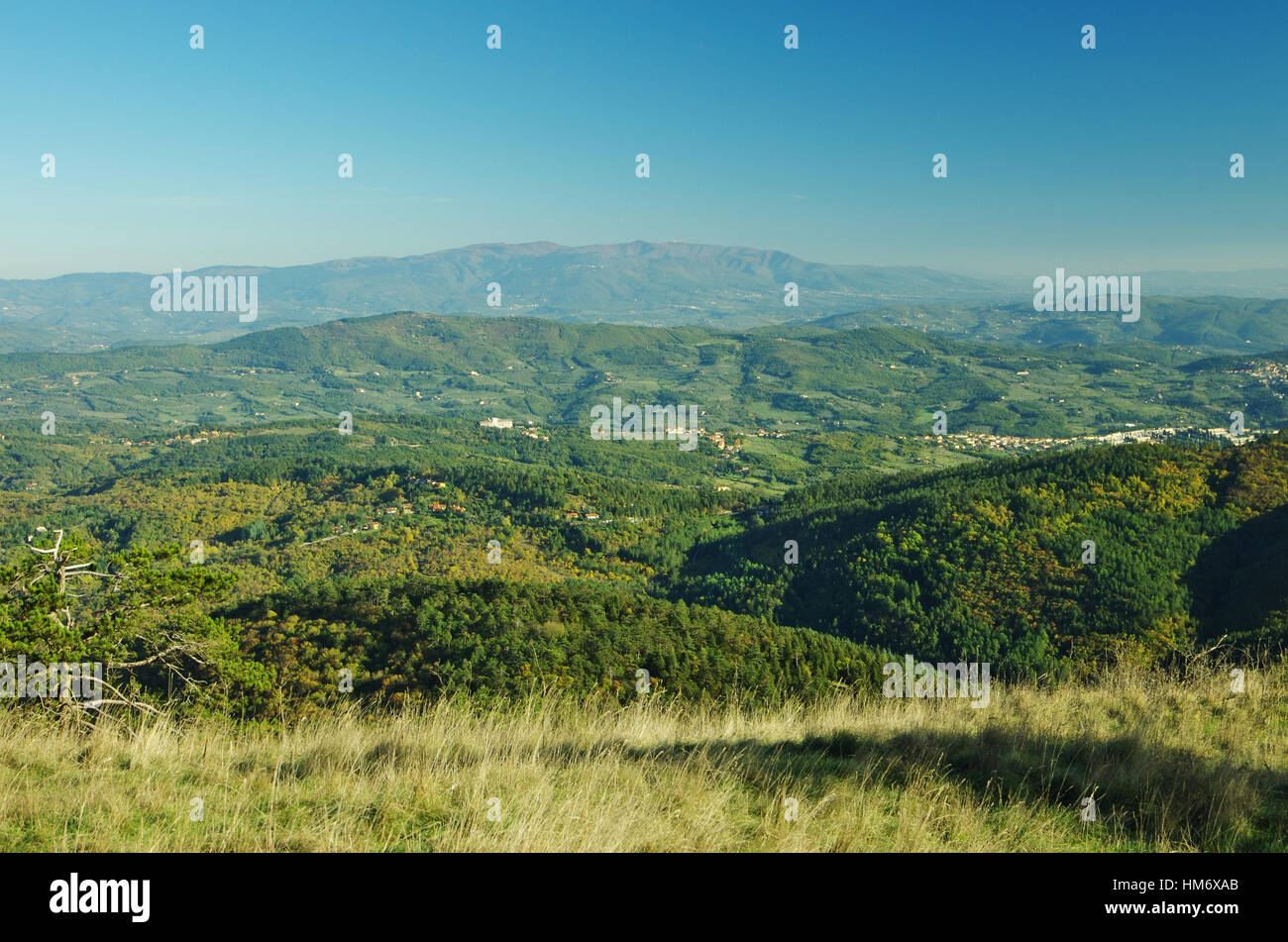 View of Tuscany countryside, from Monte Morello towards Pratomagno near Arezzo Stock Photo