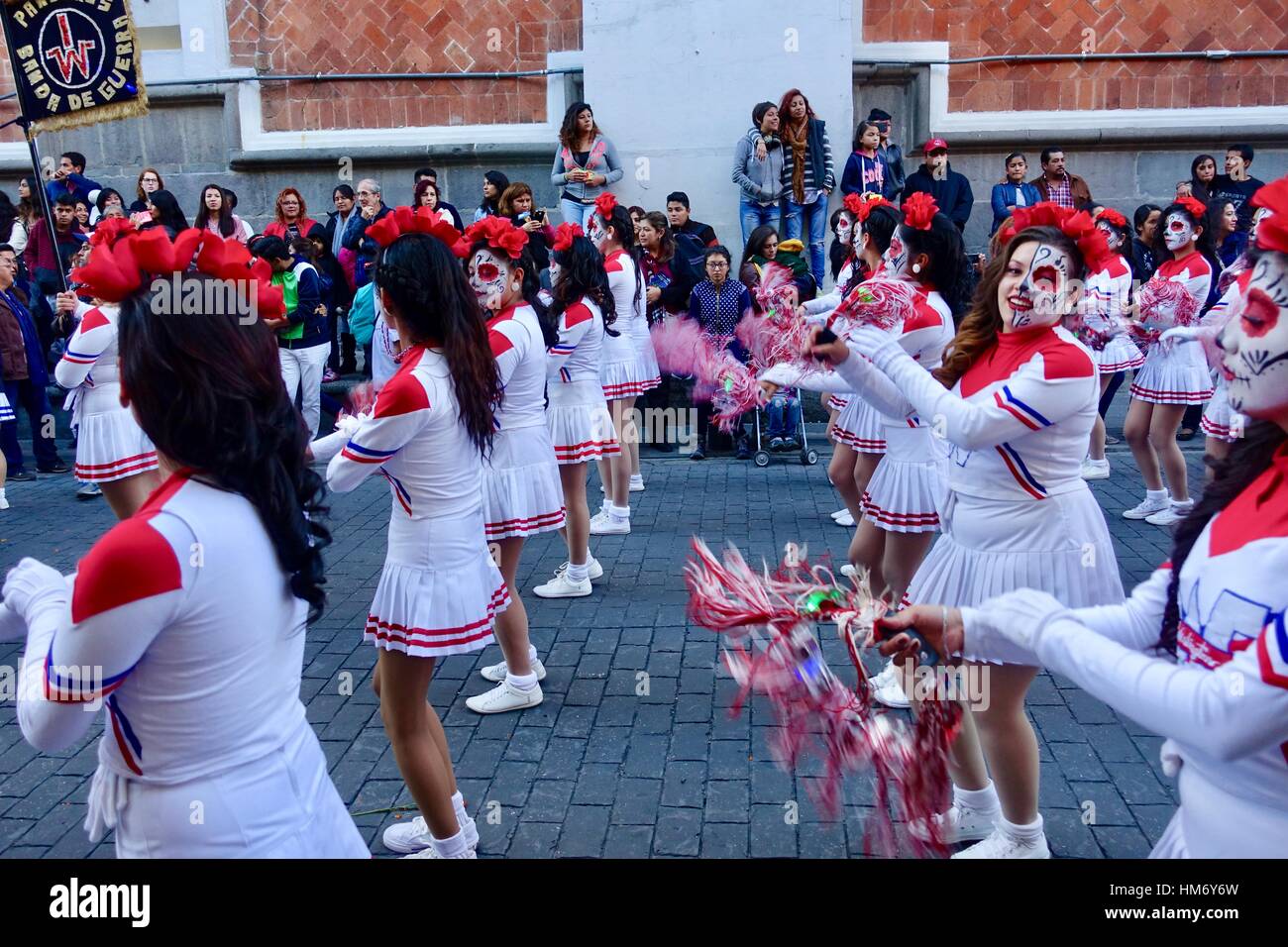Día de los Muertos, Mexican Day of the Dead, cheerleaders, dancers, celebration and parade, Puebla, Mexico Stock Photo