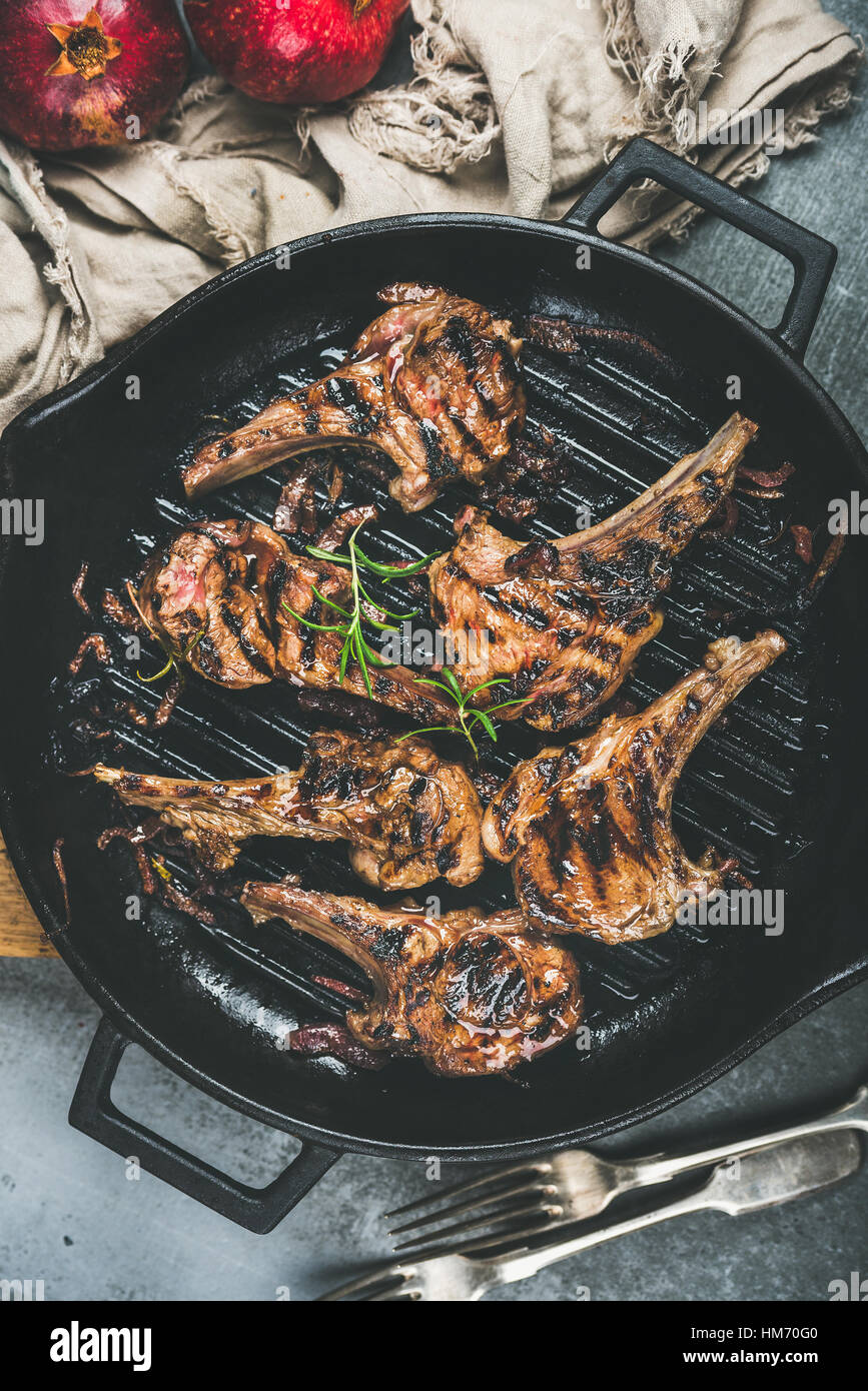 Barbecue dinner with grilled lamb meat chops in pan Stock Photo