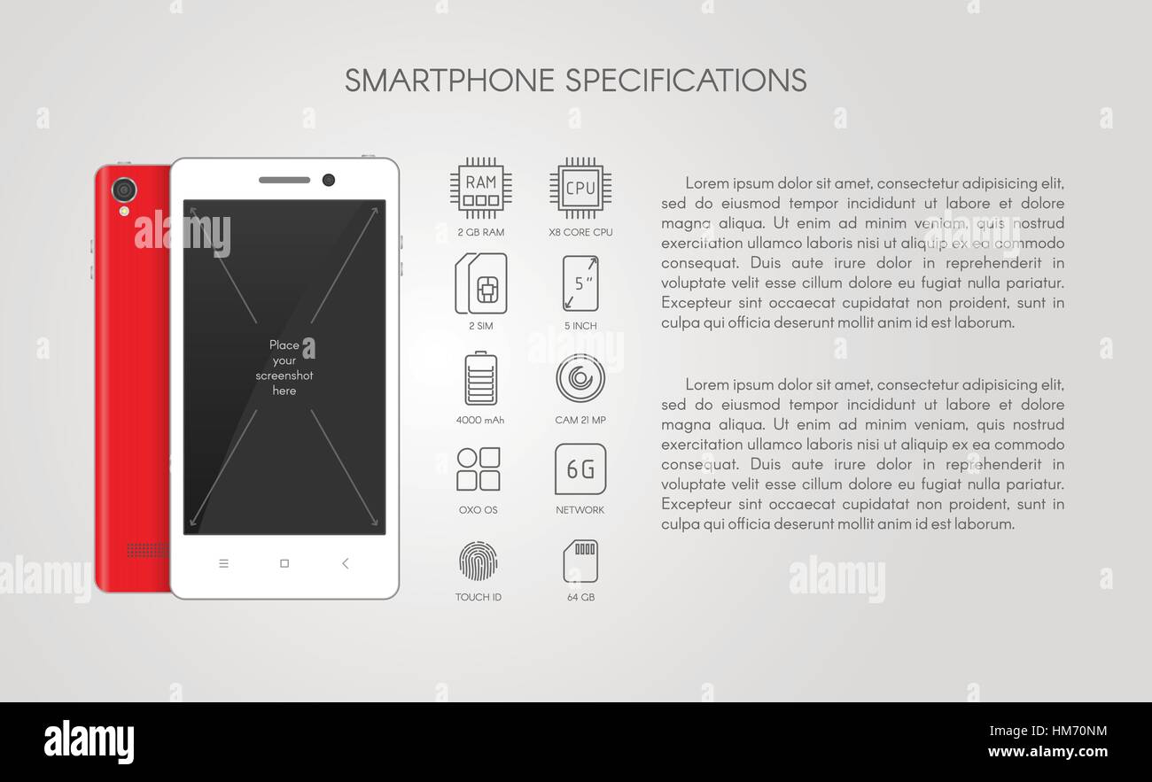 Smartphone specifications with flat line icons. Stock Vector