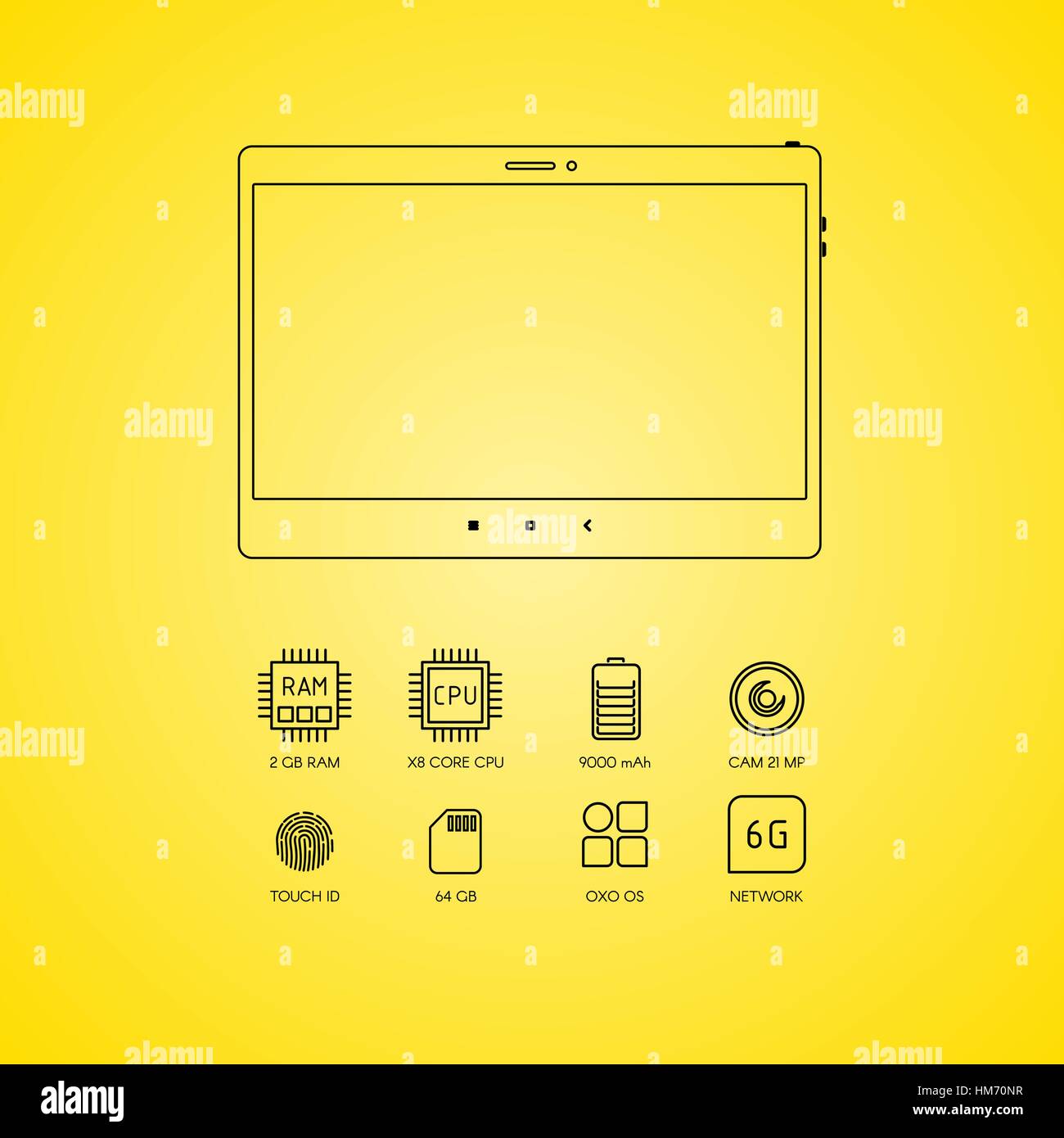 Tablet computer specifications with flat line icons. Stock Vector