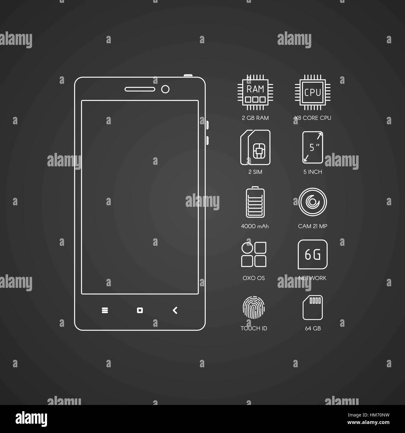 Smartphone specifications with flat line icons. Stock Vector