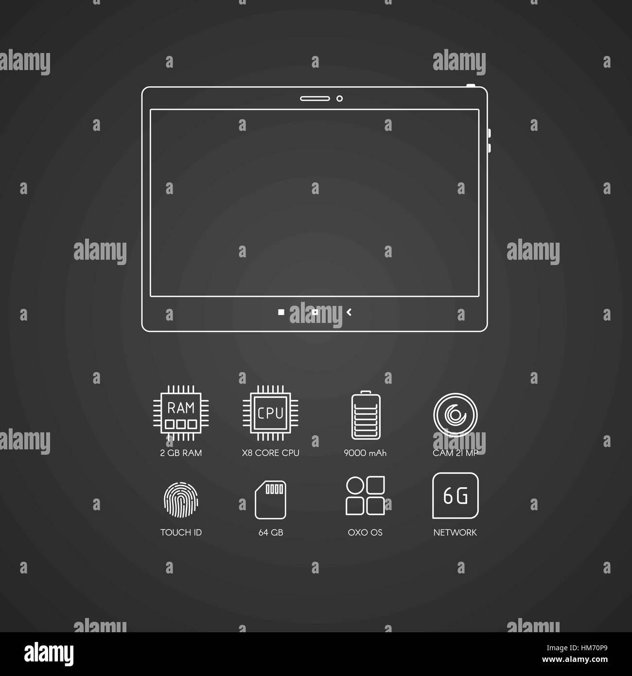 Tablet computer specifications with flat line icons. Stock Vector