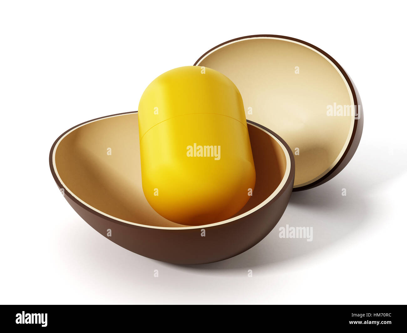 Open egg surprise with yellow capsule. 3D illustration. Stock Photo