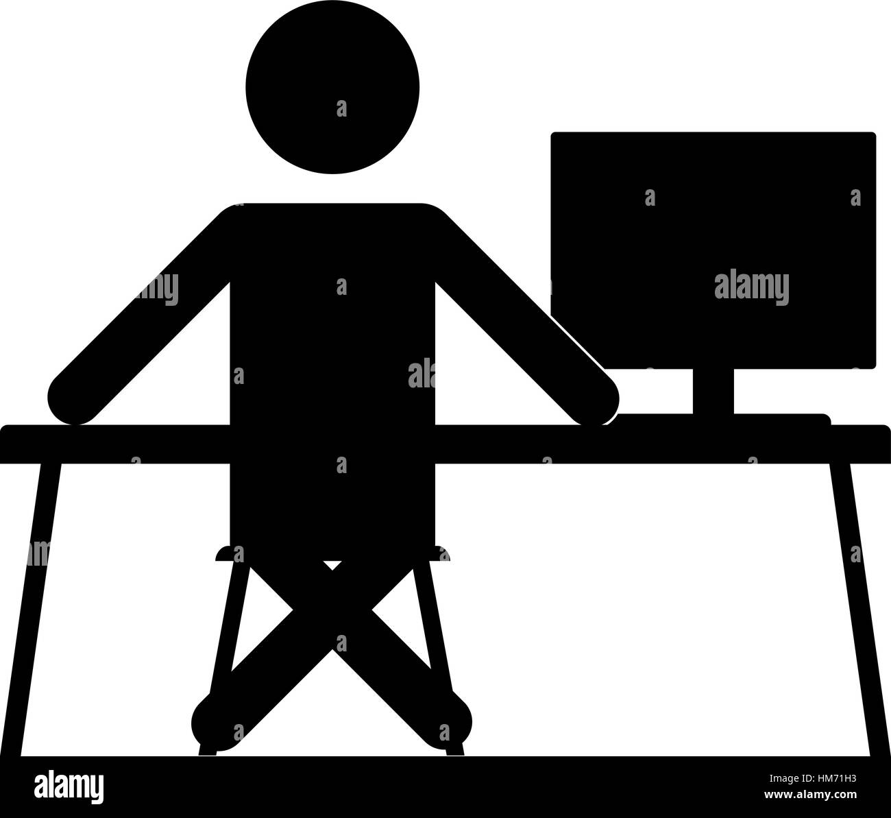 Businessman sitting on chair at table and working on computer. Vector silhouette. Man typing in office at desk and staring into monitor Stock Vector