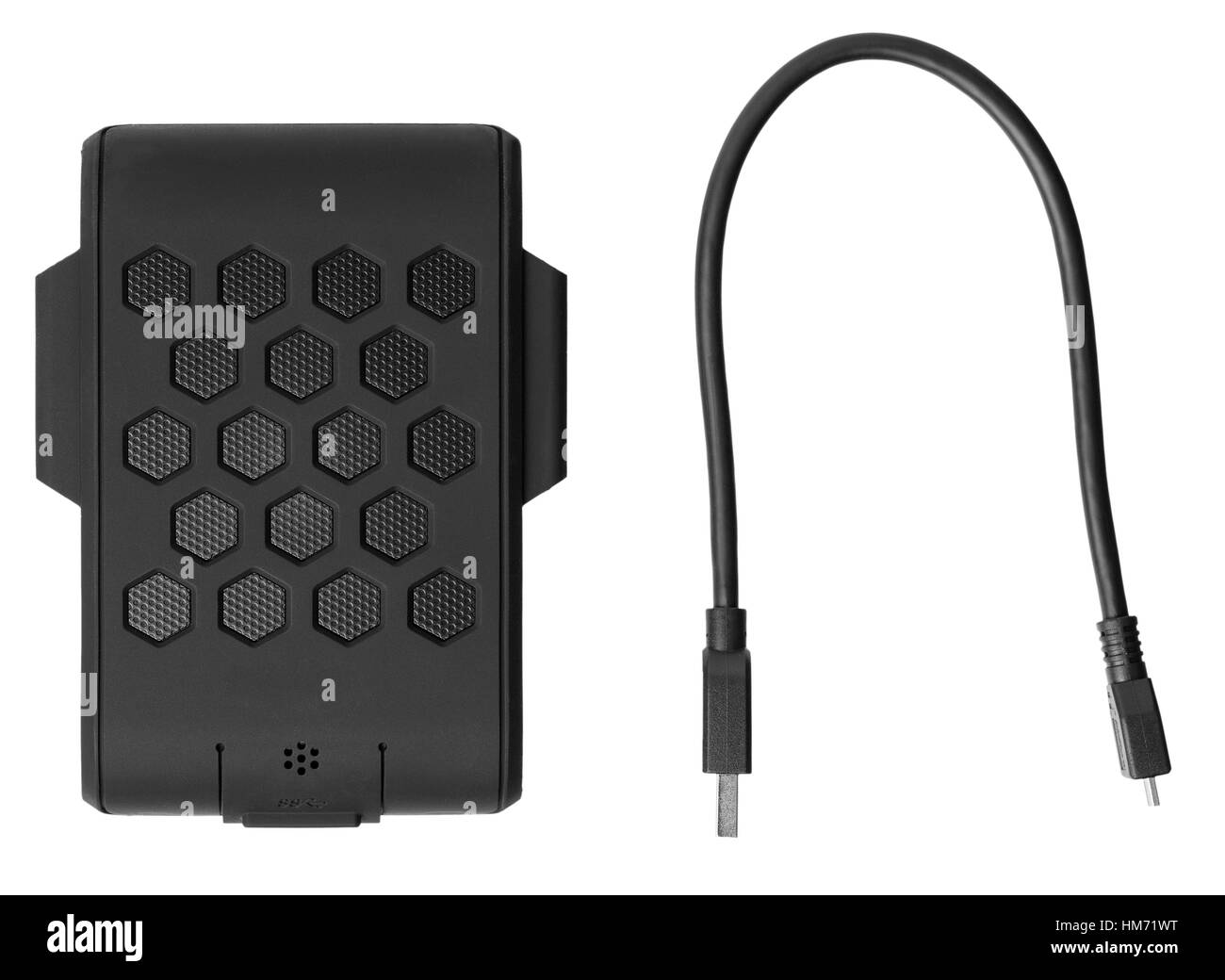 External hard drive in the protected rubber casing and a wire for it