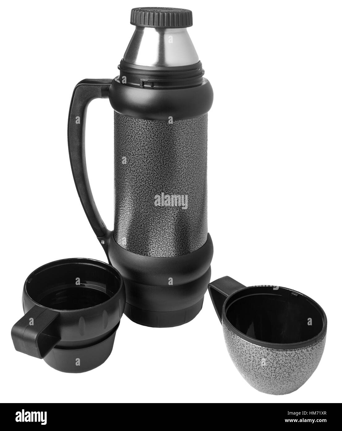 Thermos of gray color with two cups on a white background Stock Photo