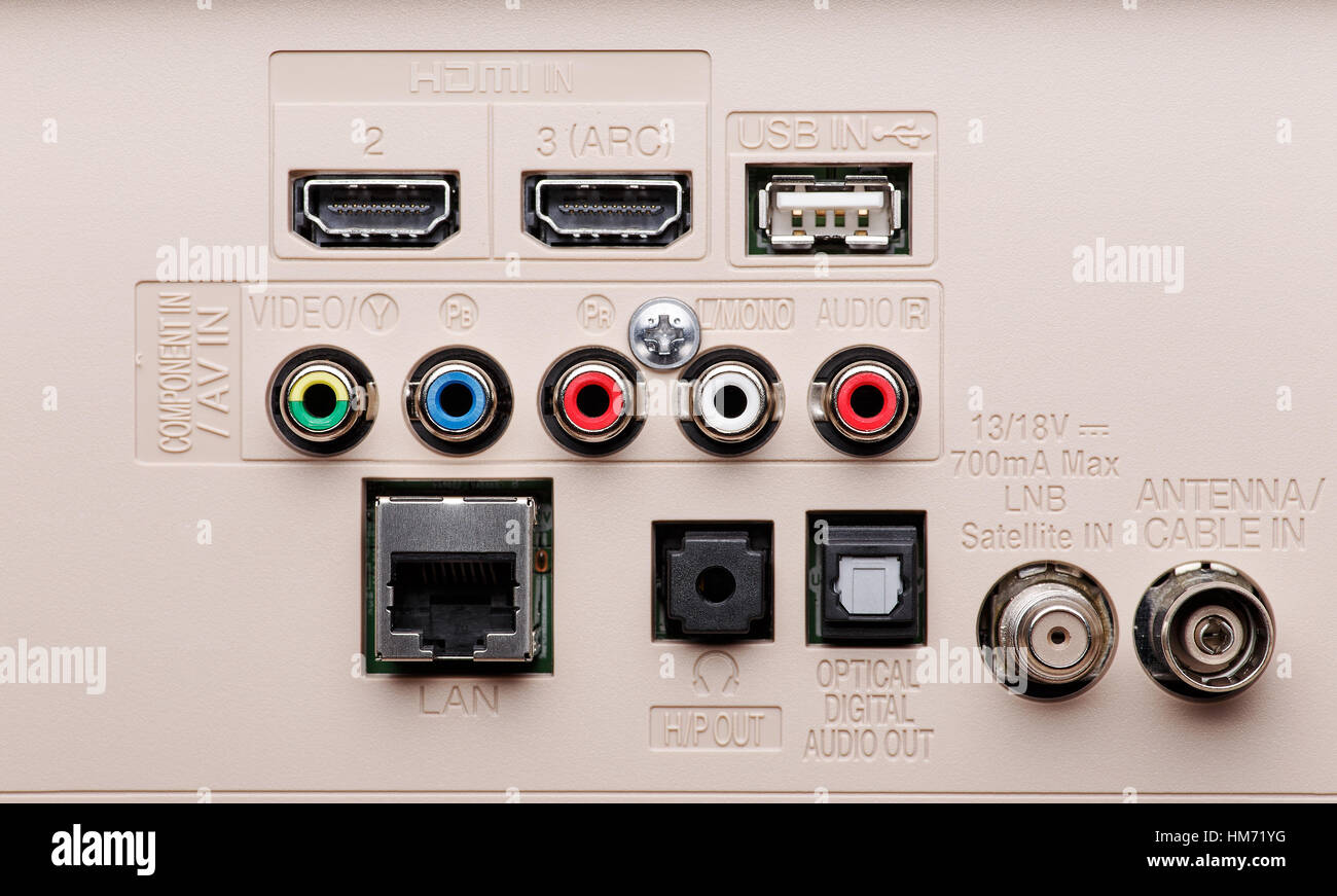 Input and output connectors of the modern TV panel. Hdmi, Lan, Component,  AV, USB and etc Stock Photo - Alamy