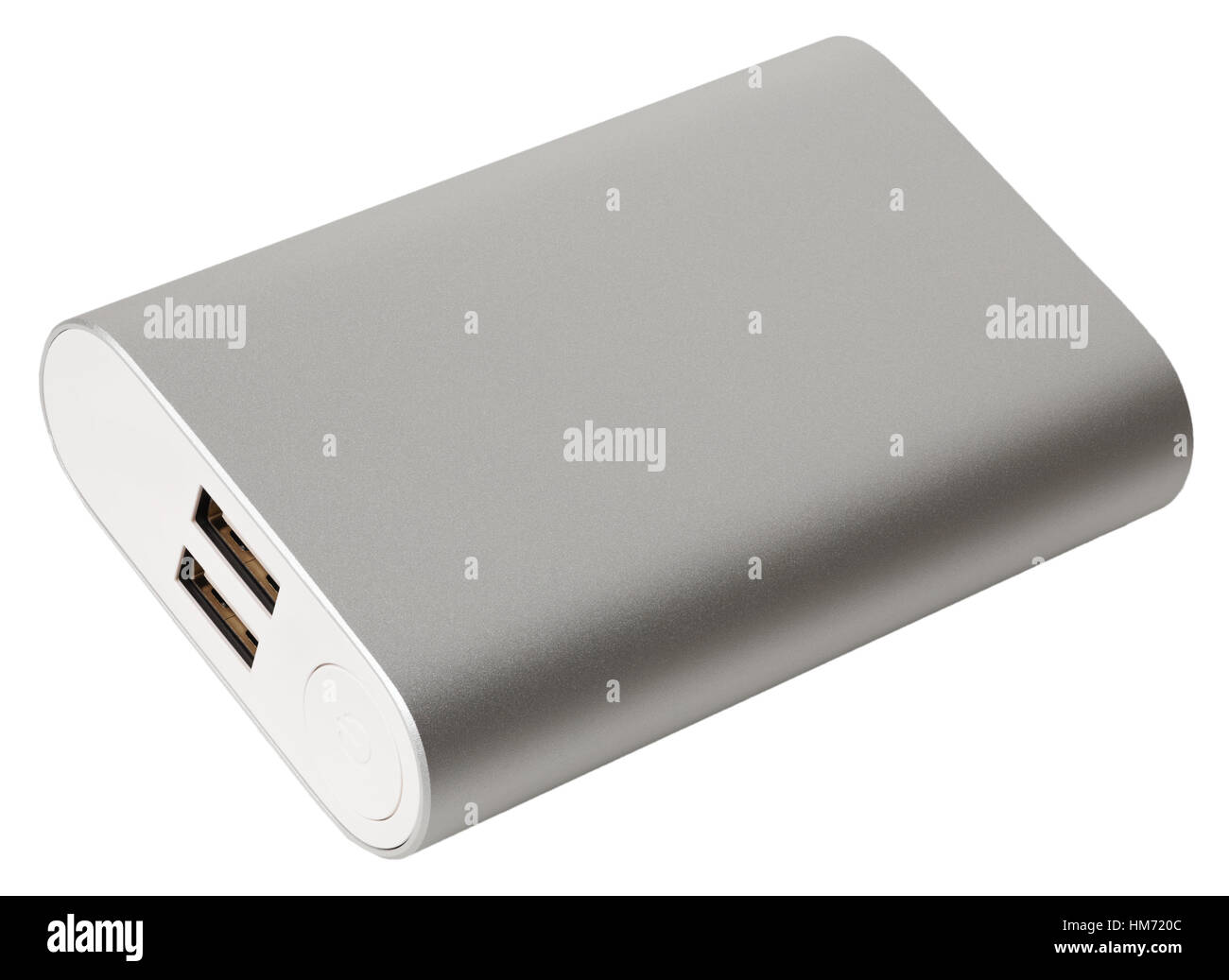 Silver power bank for mobile device with two usb ports isolated on white background Stock Photo