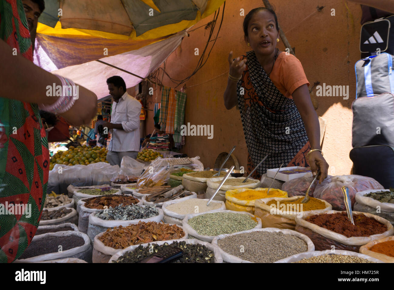 spice market stall woman owner mapusa goa Stock Photo Alamy