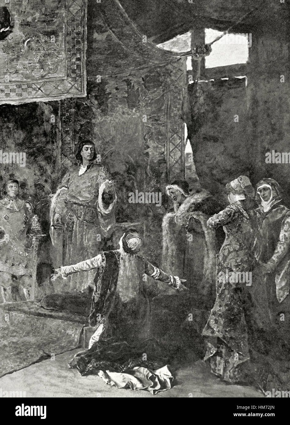 Ferdinand I of Aragon (1380-1416). King of Aragon and Count of Barcelona. The Countess of Urgell in the tent of King Ferdinand I asking for pity for her husband. Engraving after a painting by Ramon Tusquets. The Catalan Illustration, 1904. Stock Photo