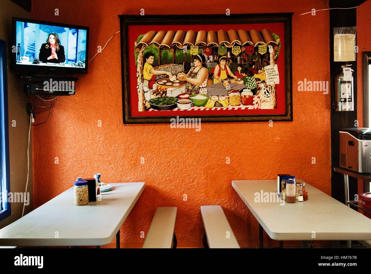 Inside the El Comal Restaurant, a Salvadoran family owned business, featuring Mexican and Central American cuisine. The restaurant is in the Stock Photo