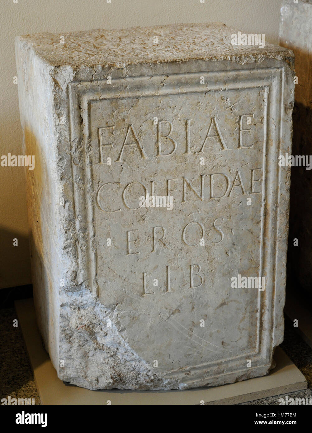 Statue pedestal. Dedicated by the liberto Eros to Fabia Colenda, surely his former patron. National Archaeological Museum, Tarragona. Spain. Stock Photo