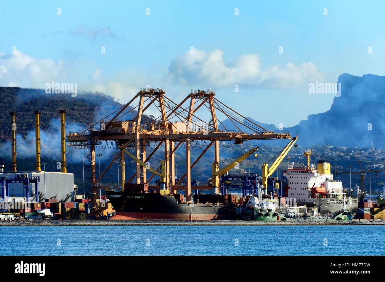 Port Louis Harbor seen from Tombeau Bay, Mauritius, Africa Stock Photo