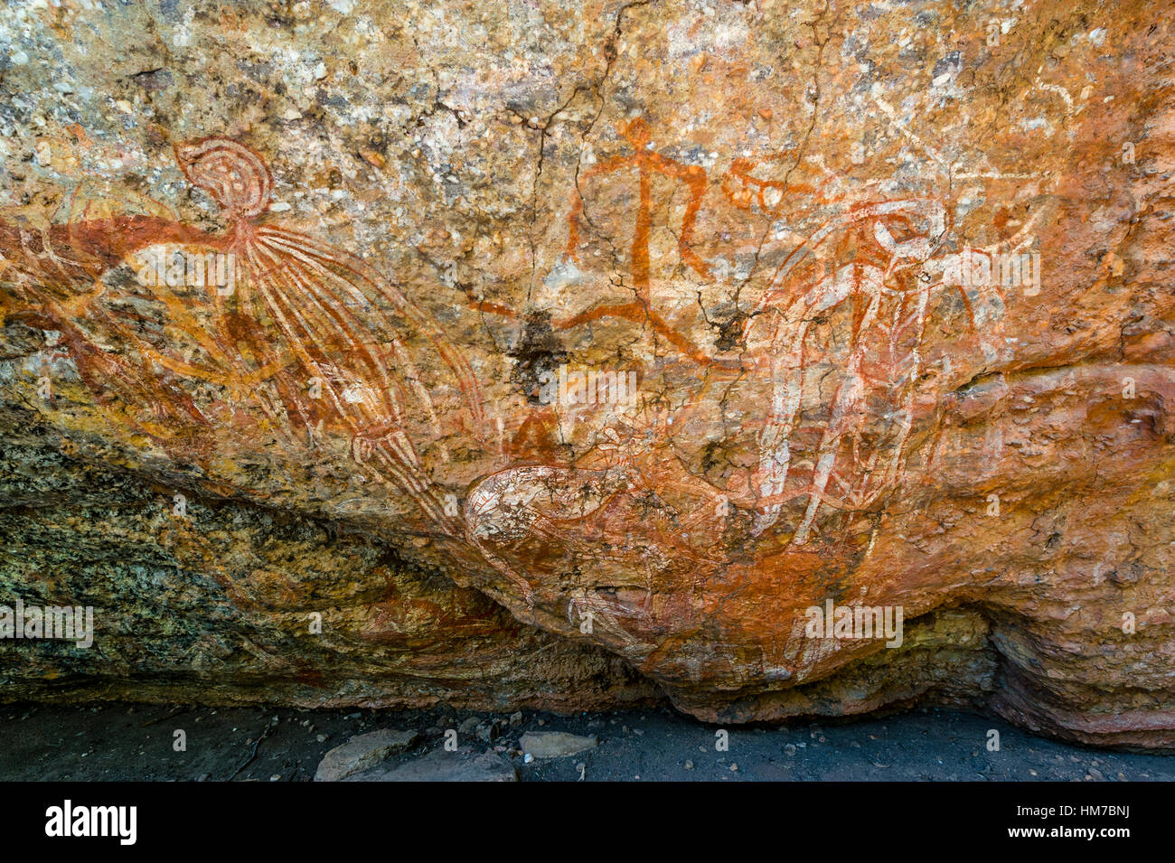 An Aboriginal rock painting art incline gallery featuring a Nammarrnde type figure. Stock Photo