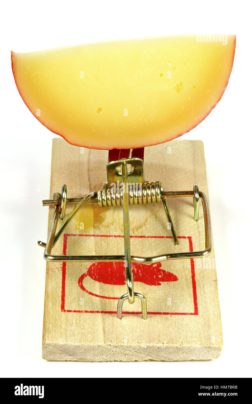 spring mousetrap with large piece of cheese isolated on white background Stock Photo