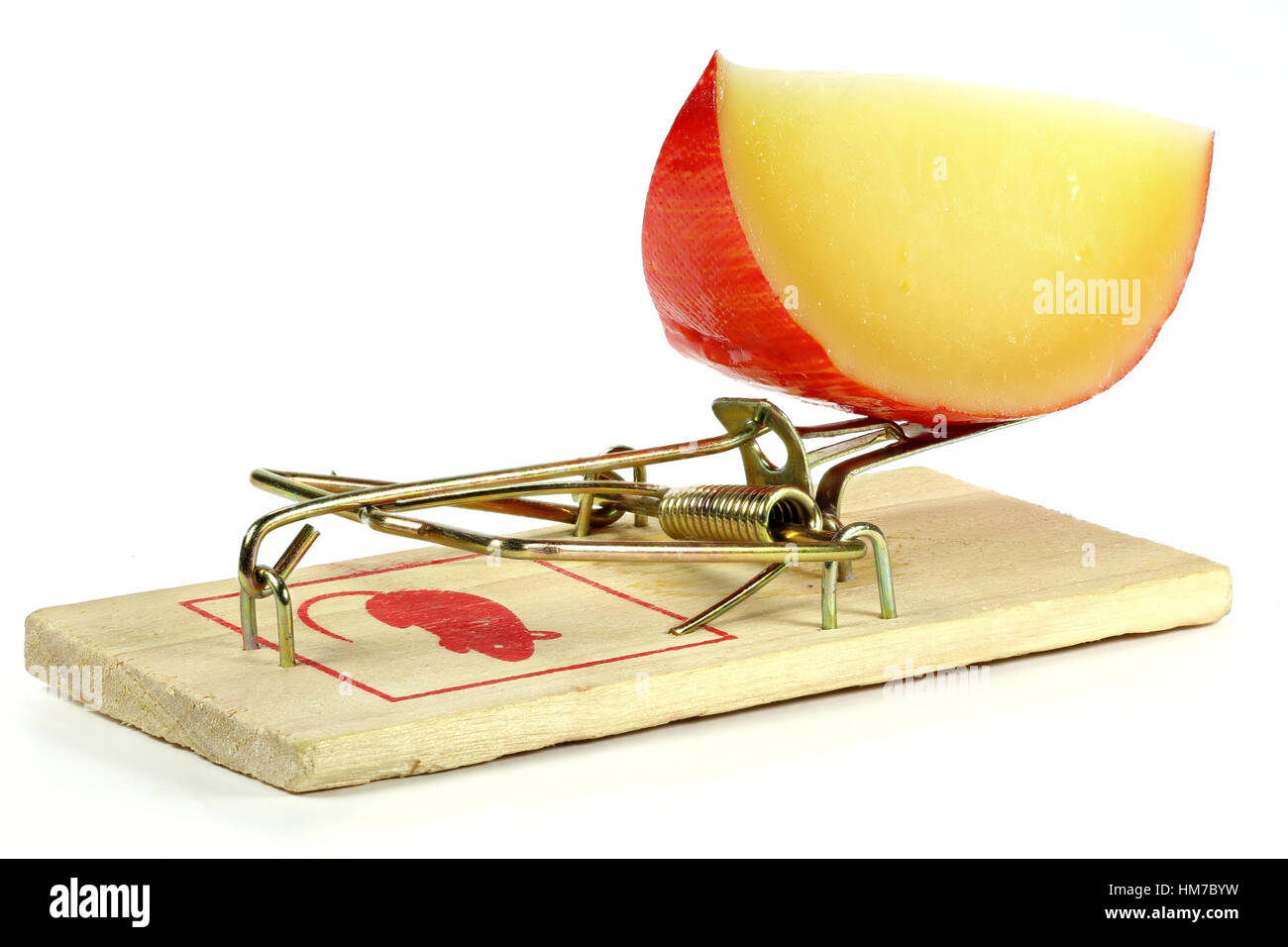 spring mousetrap with large piece of cheese isolated on white background Stock Photo