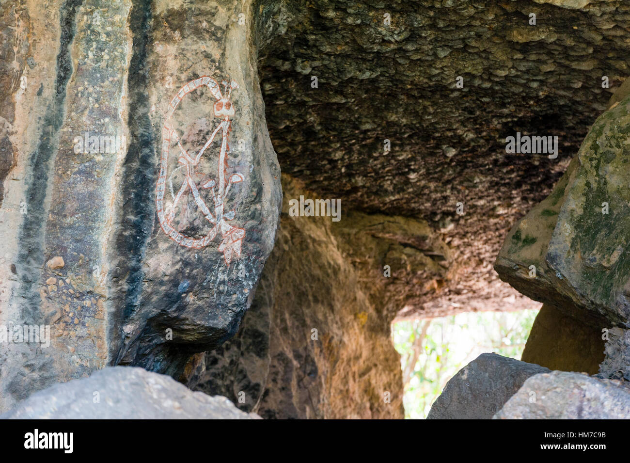 An ancient Aboriginal rock painting art gallery and cave. Stock Photo