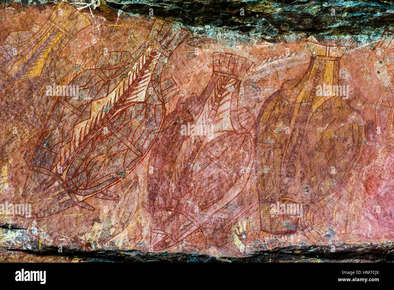 An Aboriginal rock painting art gallery featuring Barramundi and Salmon Tail Catfish. Stock Photo