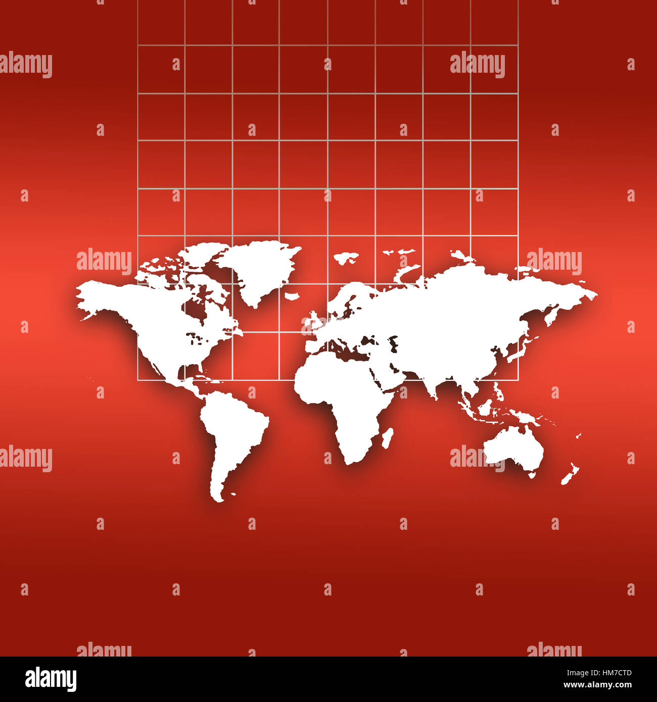 World map outlines and grid on red background Stock Photo