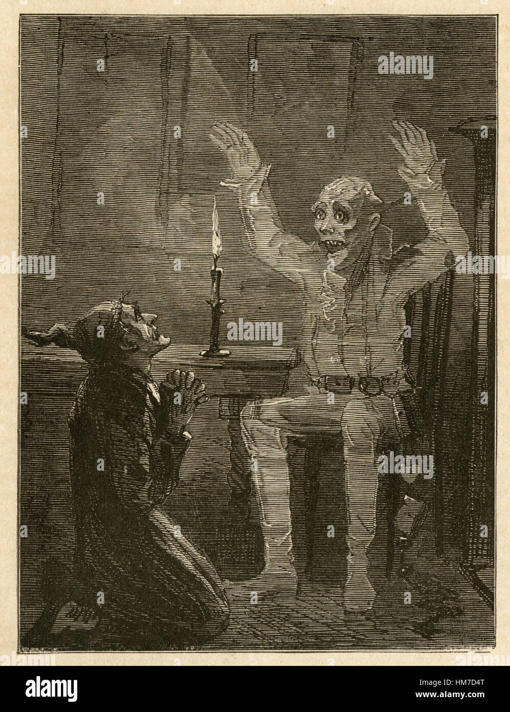 1870 engraving from A Christmas Carol by Charles Dickens, 'Scrooge and the Ghost,' by Sol Eytinge, Jr. (1833Ð1905). Stock Photo