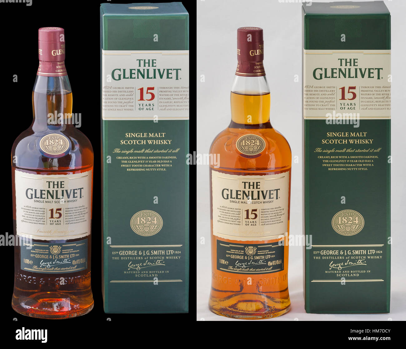 Bottle and box of The Glenlivet single malt Scotch whisky 15 years of