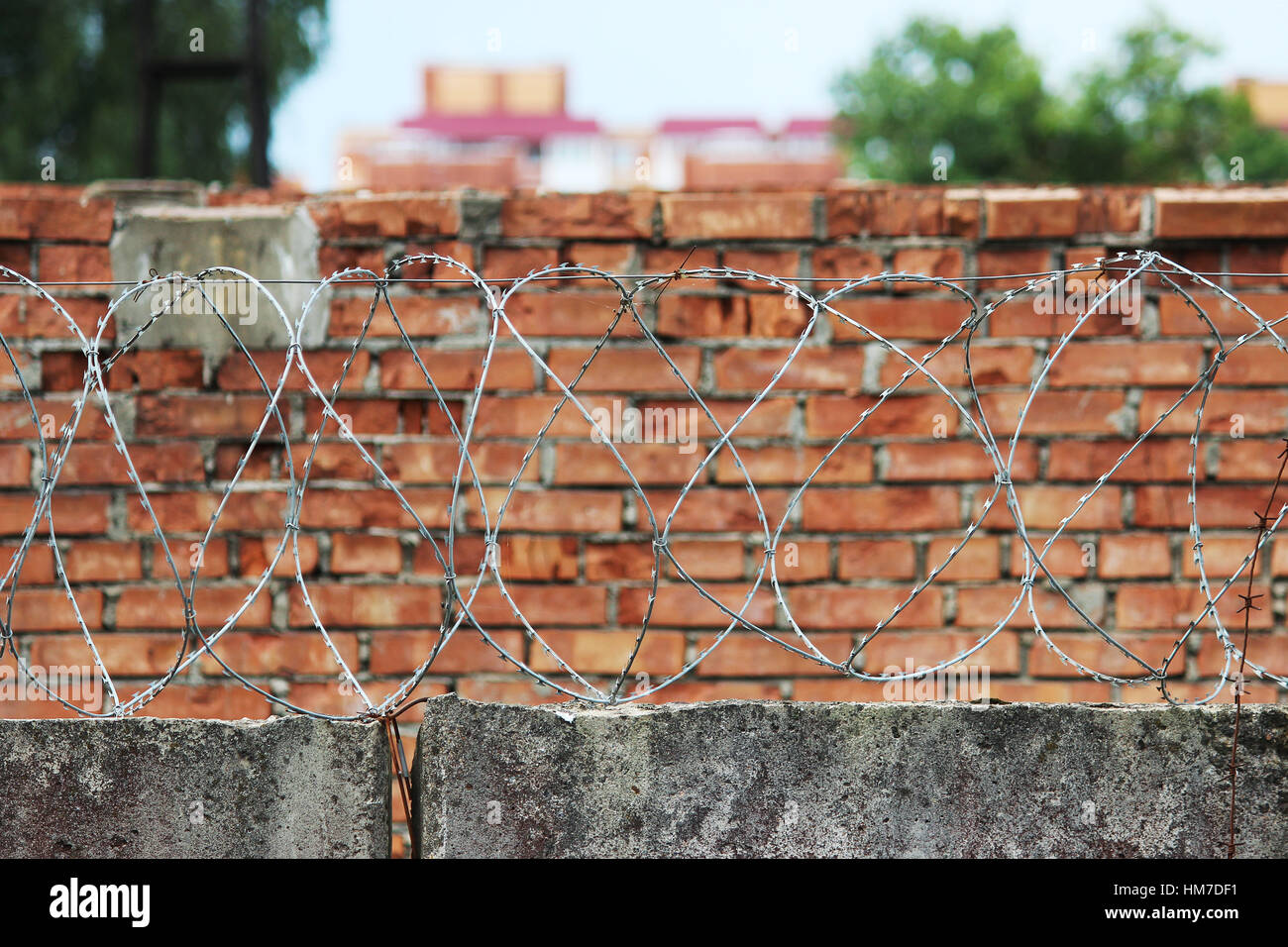 Barbed wire on a background of red brick wall Stock Photo - Alamy