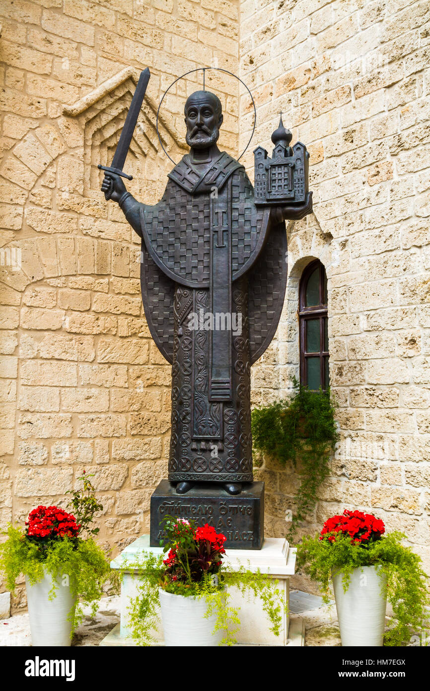 A statue of St. Nicholas in front of the Russian Orthodox Church in