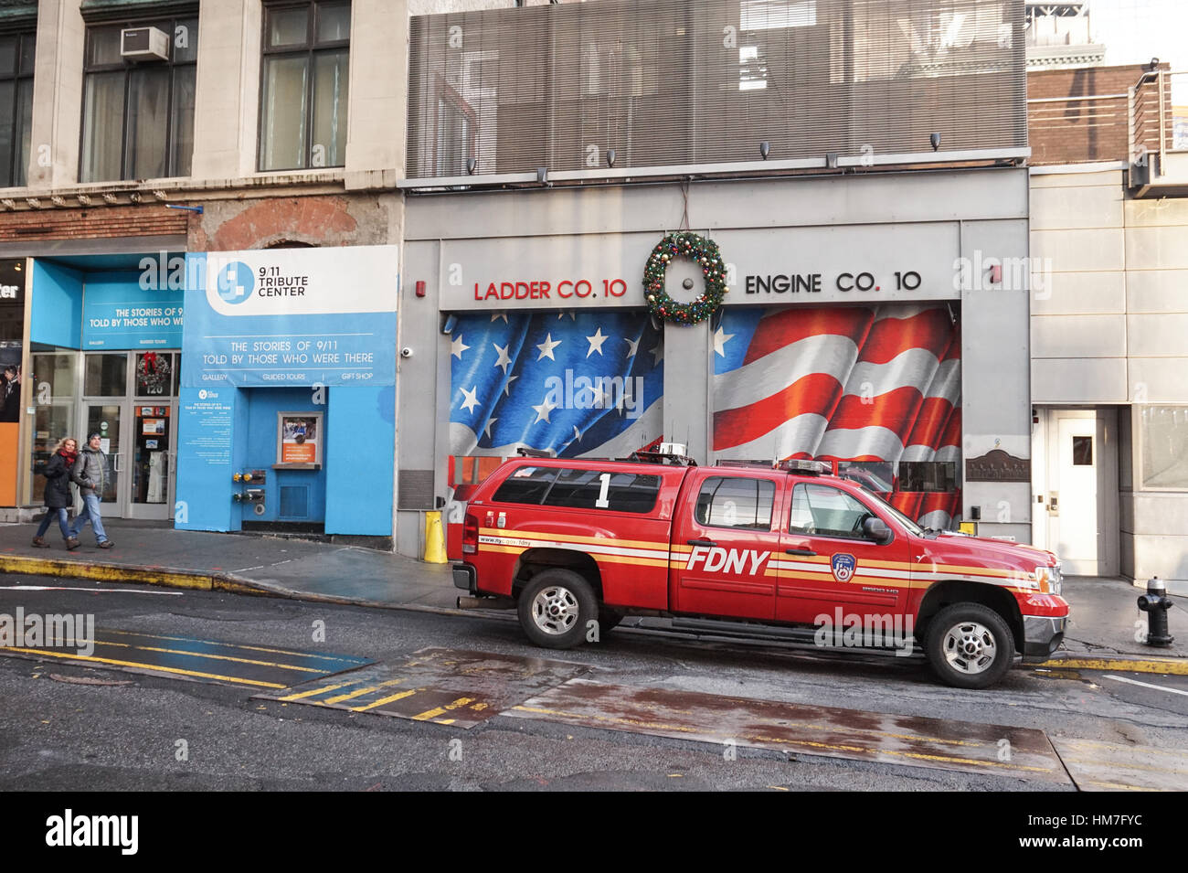 FDNY Ladder Co. 10, FDNY Engine Co. 10 House and 9/11 Tribute Center on Liberty Street, New York City, USA Stock Photo