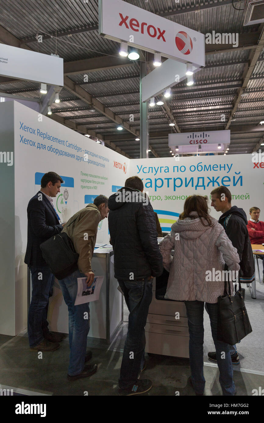 KIEV, UKRAINE - OCTOBER 11, 2015: People visit Xerox, US based global corporation booth during CEE 2015, the largest electronics trade show of Ukraine Stock Photo