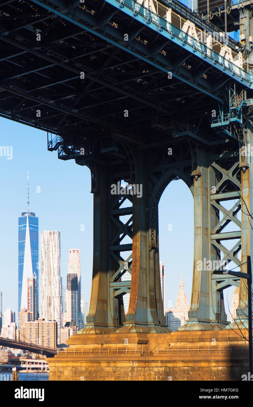 USA, New York, Brooklyn bridge and skyscrapers in background Stock Photo
