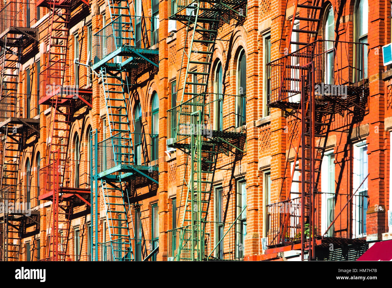 USA, New York, New York City, Fire escapes of apartments Stock Photo