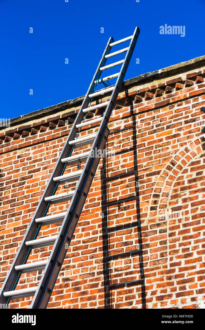 Ladder by brick wall Stock Photo