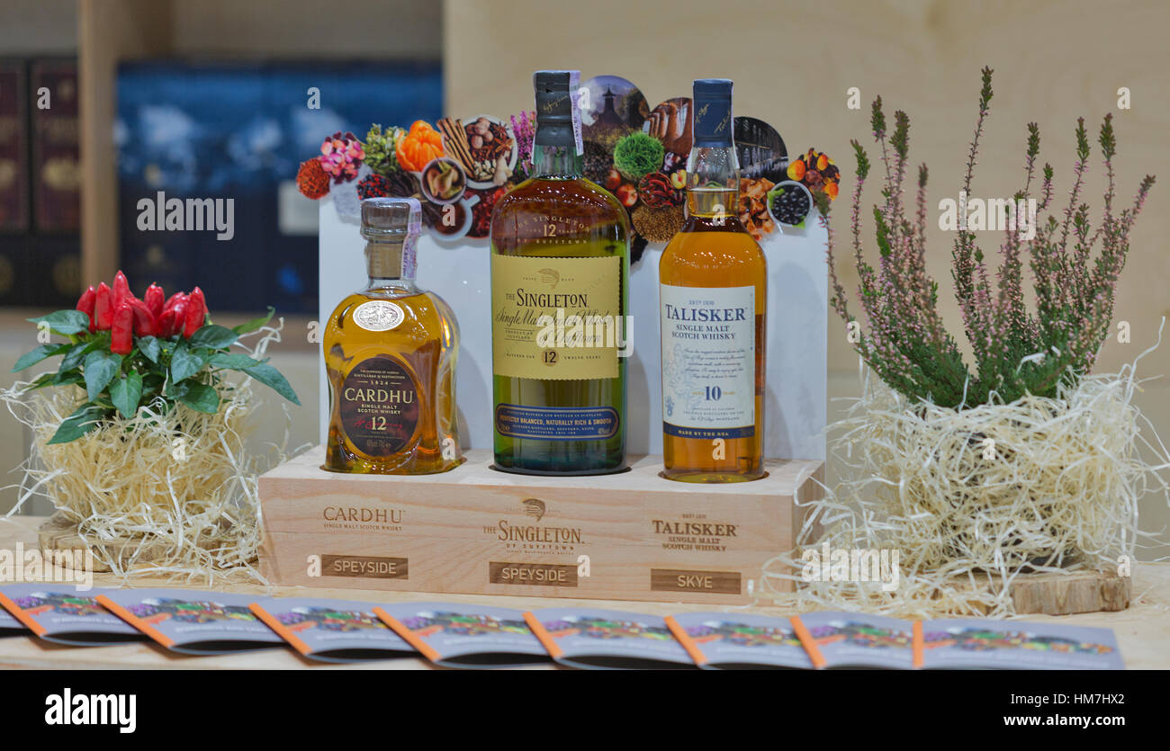 KIEV, UKRAINE - NOVEMBER 21, 2015: Speyside and Skye Single Malt Scotch Whisky bottles on display closeup in a row on booth at 1st Ukrainian Whisky Dr Stock Photo