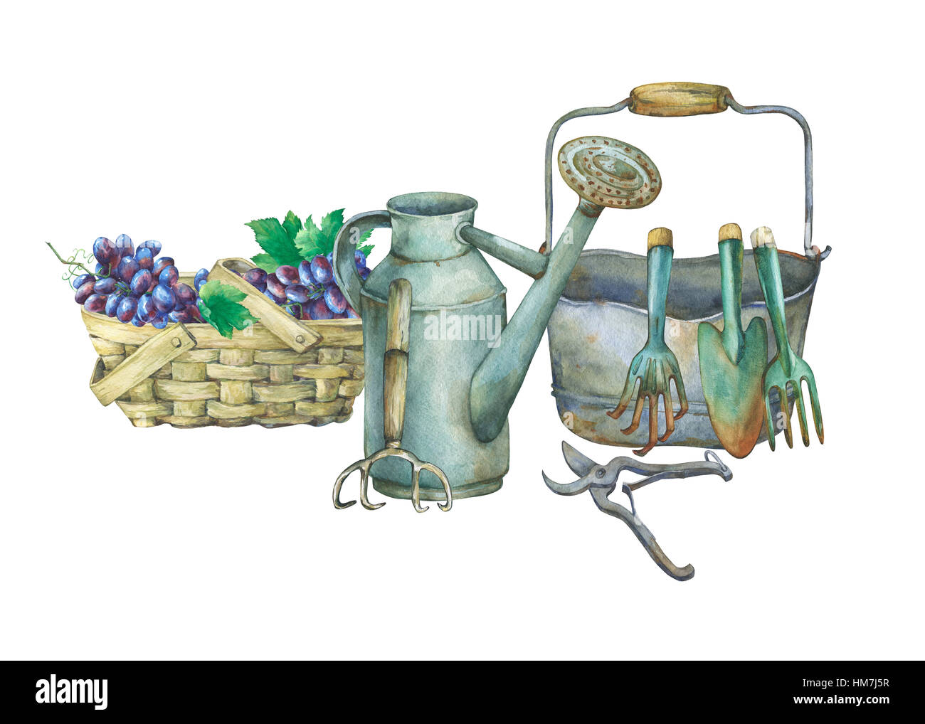 Illustration of gardening tools. Hand drawn watercolor painting on