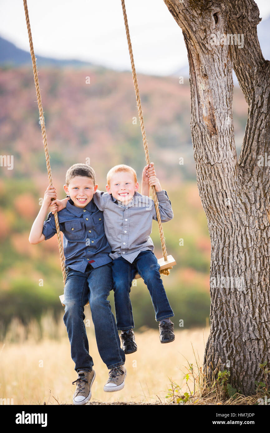Two boys (4-5, 6-7) sitting on swing Stock Photo