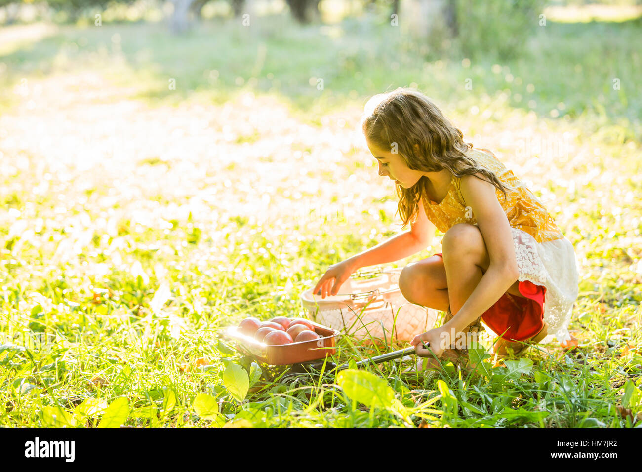 Girl with fruit crouching in grass Stock Photo