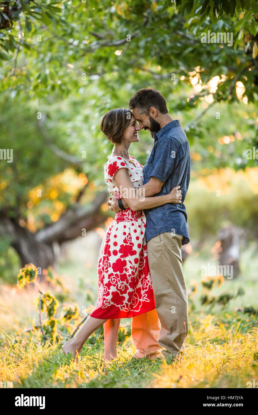 Couple embracing in cherry orchard Stock Photo