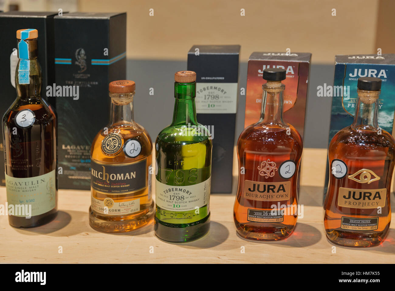 KIEV, UKRAINE - NOVEMBER 21, 2015: Different bottles of rare and exclusive Single Malt Scotch Whiskey on display for tasting at 1st Ukrainian Whisky D Stock Photo