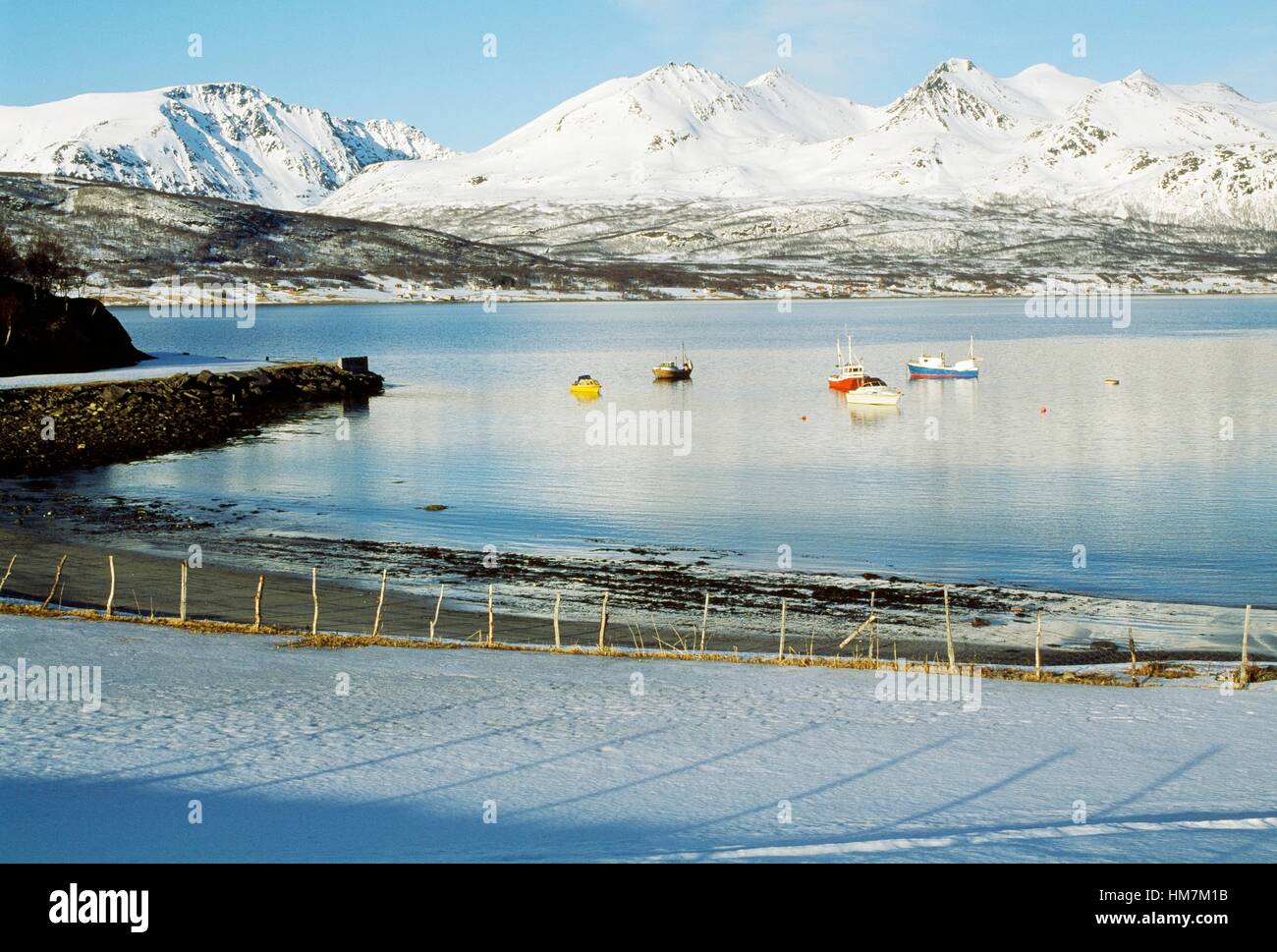 Boats in the Reisafjord, Troms county, Norway. Stock Photo