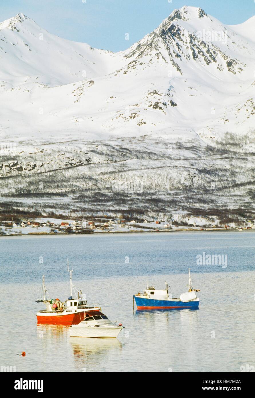 Boats in the Reisafjord, Troms county, Norway. Stock Photo