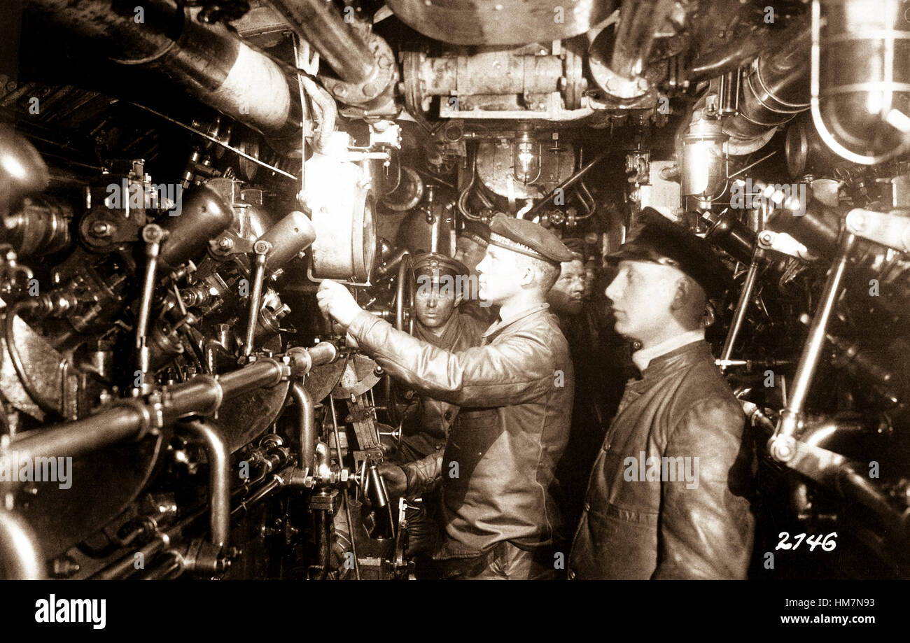 Engine room of an oil-burning German submarine. Stock Photo