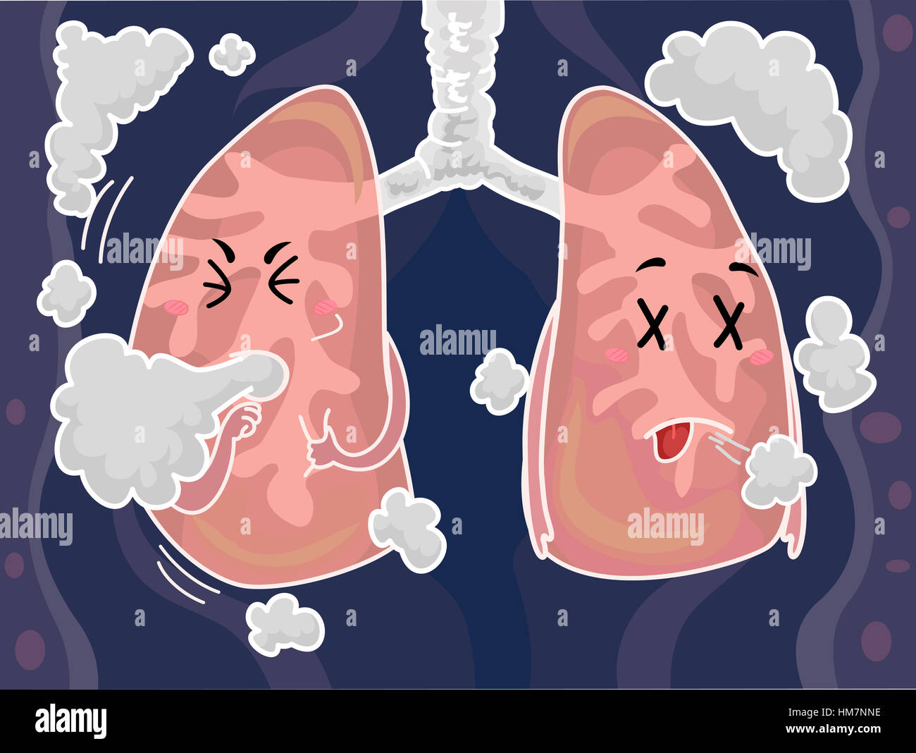Mascot Illustration of a Pair of Lungs Coughing After Inhaling Smoke Stock Photo