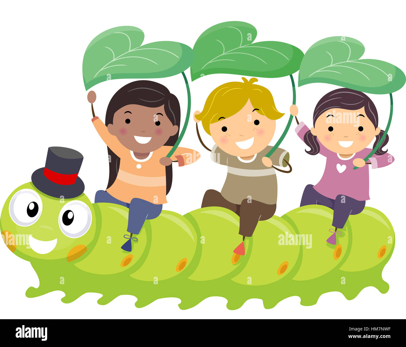 Stickman Illustration of Kids Playfully Riding a Caterpillar Stock Photo