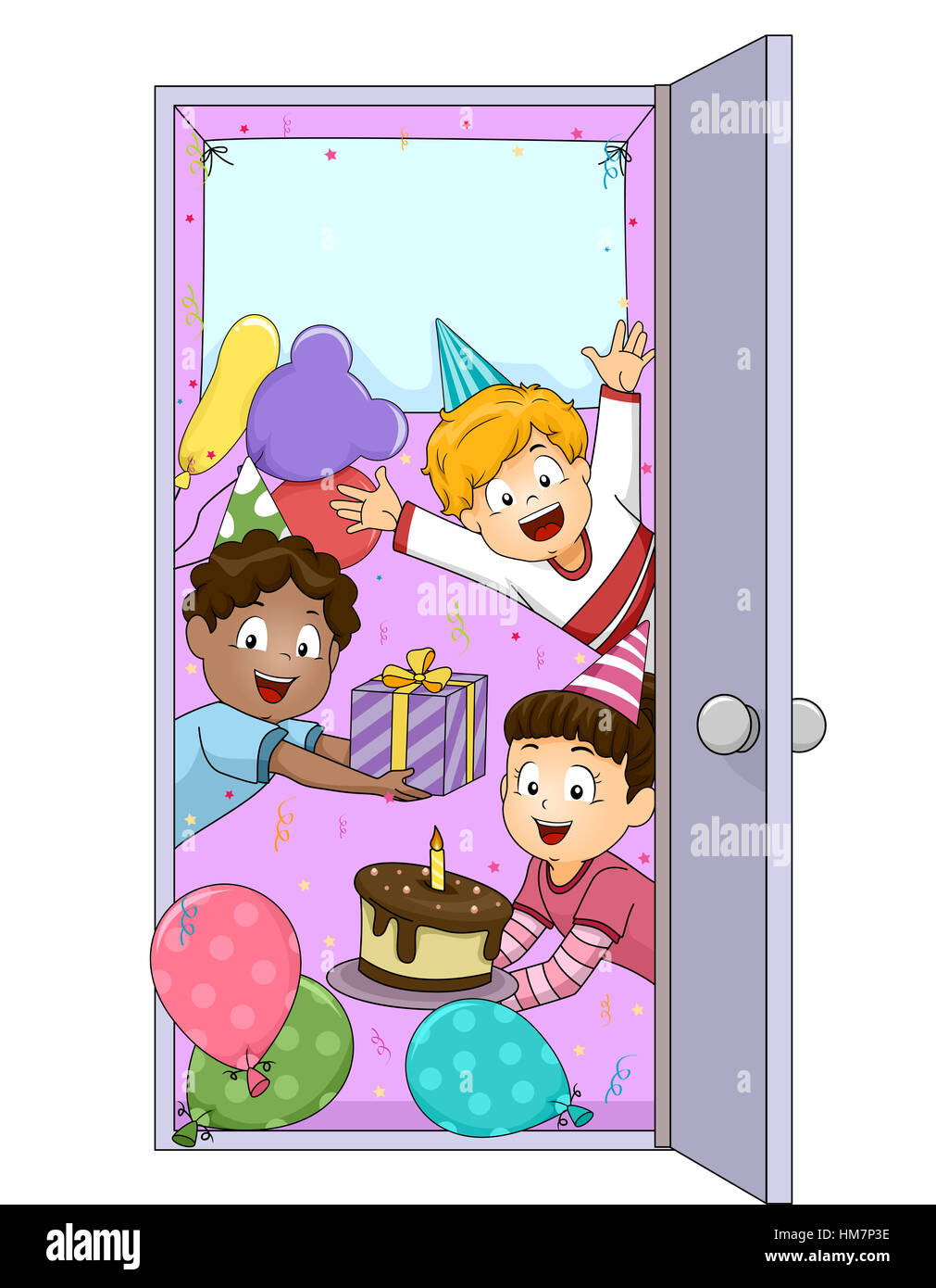 Illustration of Children Welcoming Party Guests Stock Photo