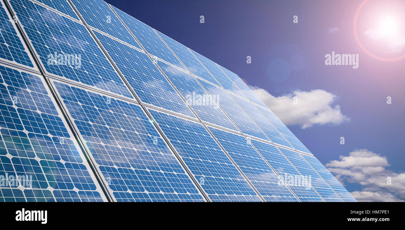 3d rendering solar panels on blue sky background Stock Photo - Alamy