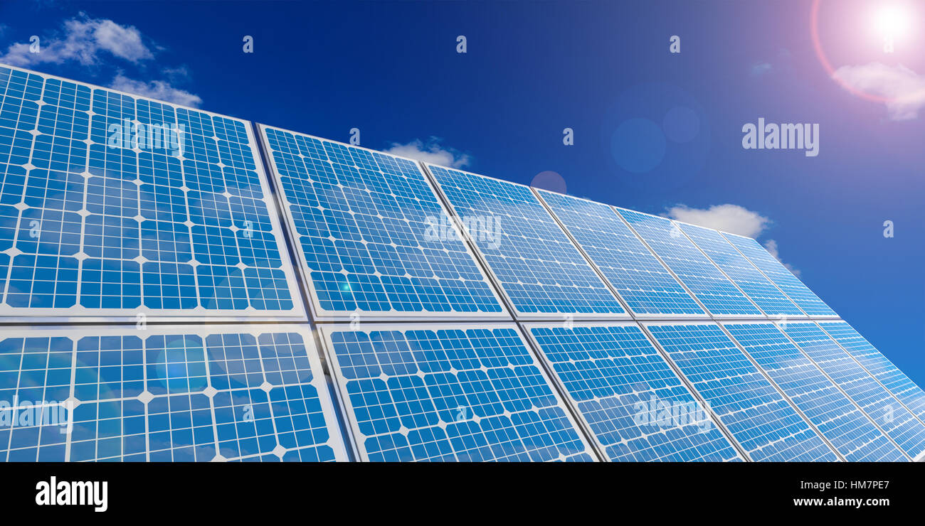 3d rendering solar panels on blue sky background Stock Photo - Alamy