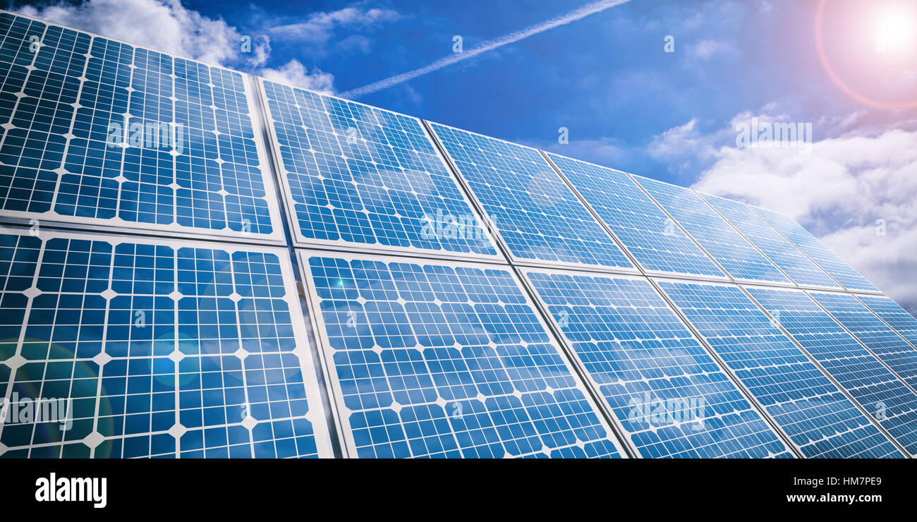 3d rendering solar panels on blue sky background Stock Photo - Alamy