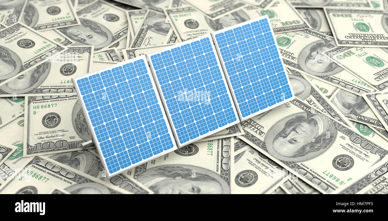 3d rendering solar panels on dollars banknotes Stock Photo Alamy