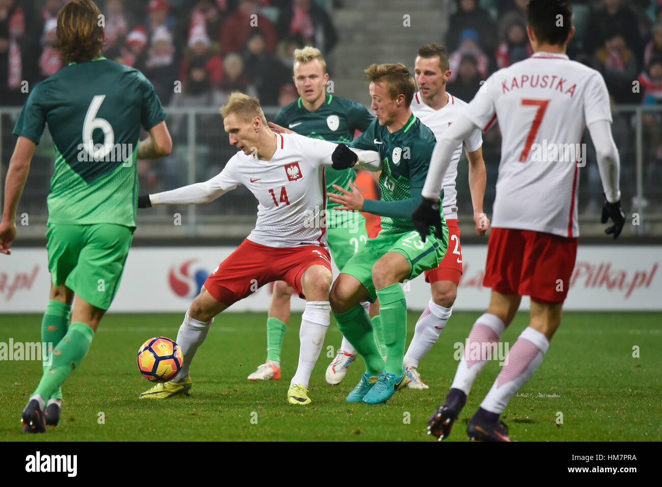 WROCLAW, POLAND - NOVEMBER 14, 2016: Friendly football match Poland -  Slowenia 1:1. In action Lukasz Teodorczyk. Stock Photo